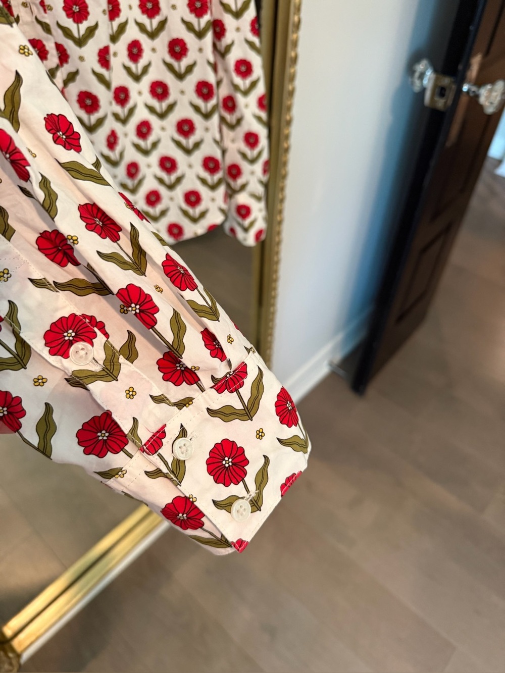 Boden White Button-Up Blouse with Red and Green Floral Print - Picture 3 of 5